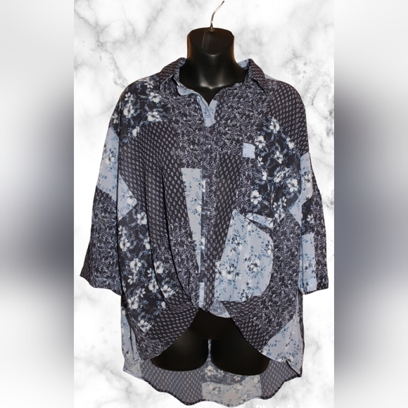 FRENCH Connection Floral Patchwork Sheered Blouse with Tied Front Hem - Picture 1 of 9